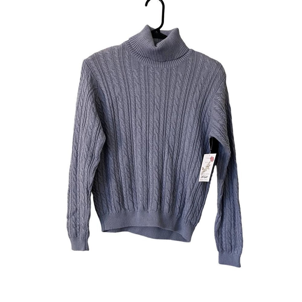 NWT Lord and Taylor cotton sweater blue knit turtleneck top padded shoulders